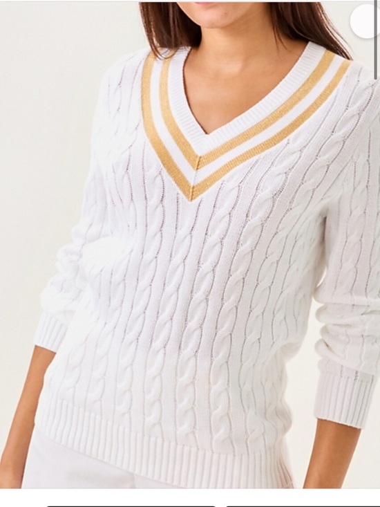 Lilly Pulitzer Sweaters - Classic White Cable-Knit V-Neck Sweater with Gold Stripe